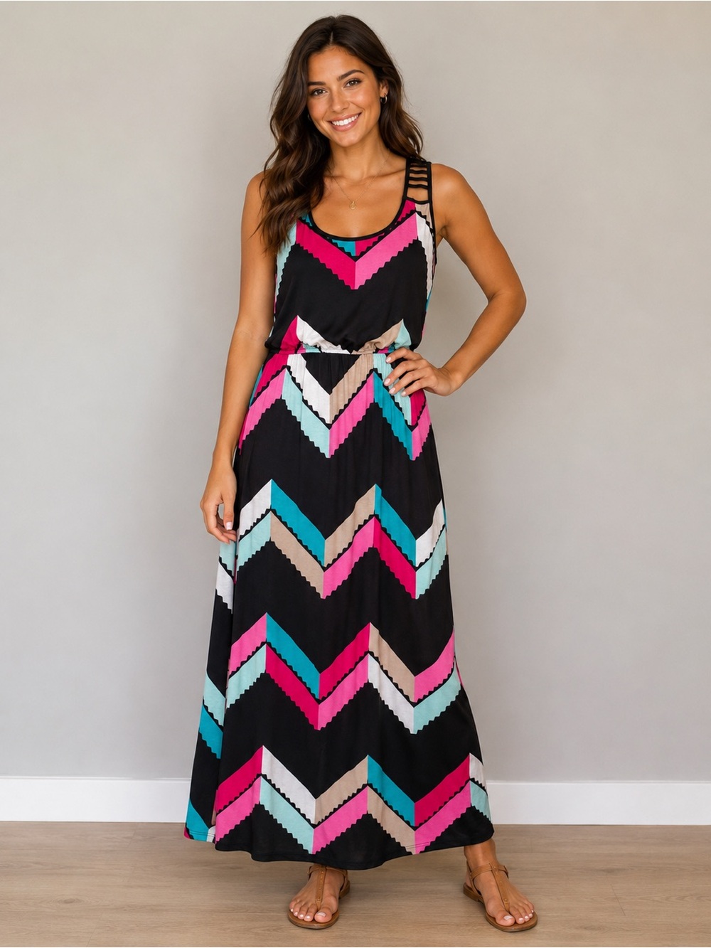 Striped Chevron Maxi Dress - Black with Pink & Teal Size M